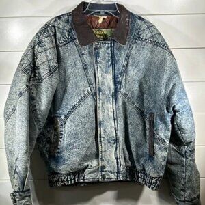 VTG 80s 90s Urban Equipment Acid Wash Denim Coat Leather Trim Oversized XL